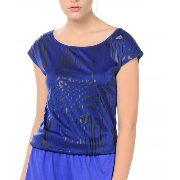 Adidas Climalite Graphic Scoop Neck‎ Top LARGE Graphic Activewear Pullover Blue - Picture 2 of 11